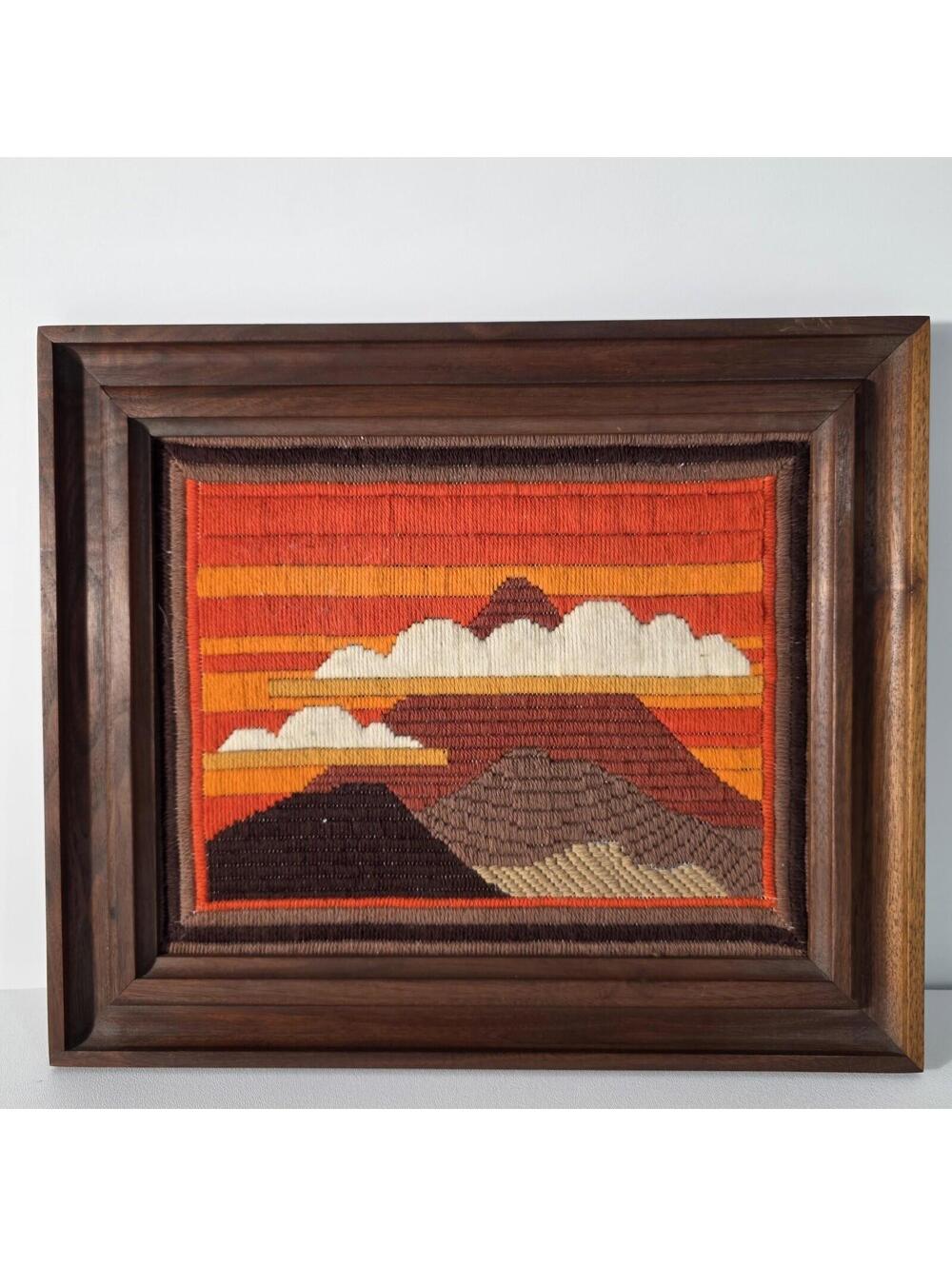 Vintage Mid Century Modern Needlepoint Yarn Art - Mountain Sunset - Walnut Frame